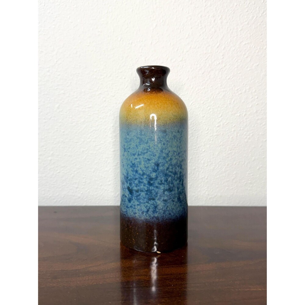 Vintage 1970s Blue Amber Ceramic Vase MCM Art Pottery Drip Glaze
